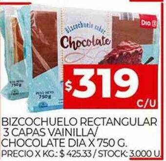 Supermercados DIA Bizcochuelo Rectangular 3 Capas Vainilla Chocolate Dia oferta