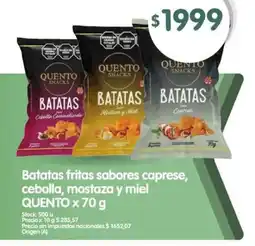 Supermercados Buenos Días Quento batatas fritas sabores caprese, cebolla, mostaza y miel oferta