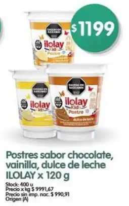 Supermercados Buenos Días Ilolay postres sabor chocolate, vainilla, dulce de leche oferta