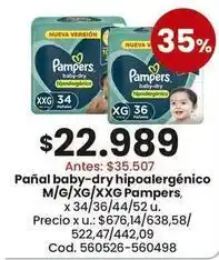 Coto Pampers - pañal baby-dry hipoalergénico m/g/xg/xxg , x 34/36/44/52 u oferta