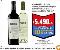 Cooperativa Obrera Portillo - vino portillo, tinto, malbec, cabernet sauvignon o tempranillo, o blanco, sauvignon blanc oferta