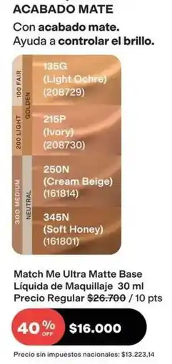 Avon Match - me ultra matte base líquida de maquillaje 30 ml oferta