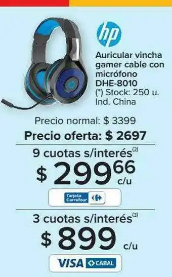 Carrefour Auricular Vincha Gamer Cable Con Microfono Hp oferta