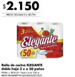 Disco Elegante rollo de cocina doble hoja 3 u x 50 panos oferta