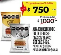 Supermercados DIA 9 de oro alfajor relleno de dulce de leche clasico/blanco oferta
