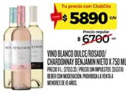 Supermercados DIA Benjamin vino blanco dulce/rosado/chardonnay oferta