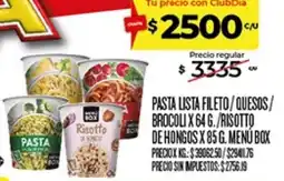 Supermercados DIA Menu box pasta lista fileto / quesos / brocoli / risotto de hongos oferta
