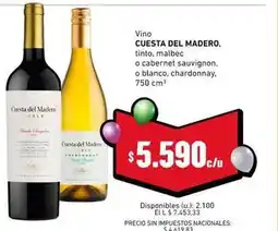 Cooperativa Obrera Cuesta del madero - vino tinto, malbec o cabernet sauvignon, o blanco, chardonnay oferta
