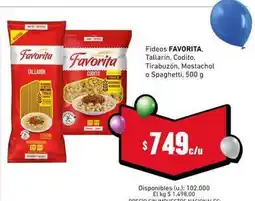 Cooperativa Obrera Favorita - fideos tallarin, codito, tirabuzón, mostachol o spaghetti oferta