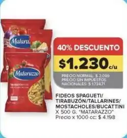 Carrefour Market Matarazzo - fideos spagueti/tirabuzón/tallarines/mostacholes/bucattini oferta