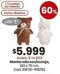Coto Manta rollo oso/conejo, 100 x 70 cm. cod. 618761-618762 oferta