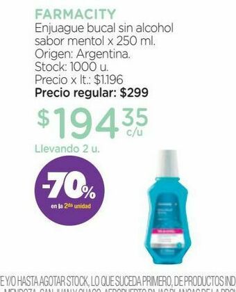 Farmacity Enjuague bucal sin alcohol sabor mentol x 250 ml. oferta