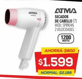 Secador de cabello atma.sp8904n.1200wts.2 vel.