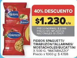 Carrefour Matarazzo fideos spaghetti/tirabuzón/tallarines/mostacholes/bucattini oferta
