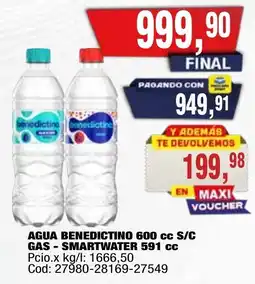 Maxiconsumo Agua benedictino 600 cc s/c gas - smartwater 591 cc oferta