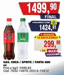 Maxiconsumo Gas. Coca / Sprite / Fanta 600 cc oferta