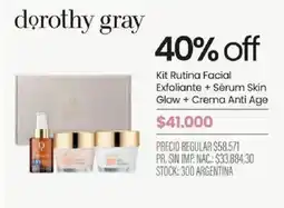 Pigmento dorothy gray kit rutina facial exfoliante + serum skin glow + crema anti age oferta