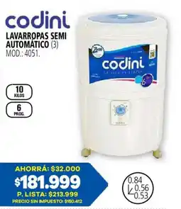 Casa del Audio Codini lavarropas semi automático oferta