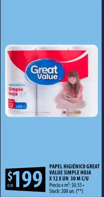Punto Mayorista Great Value Simple Hoja Papel Higiénico x 12un x 30m c/u oferta