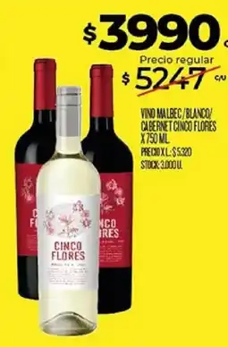 Supermercados DIA Cinco flores vino malbec/blanco/cabernet oferta