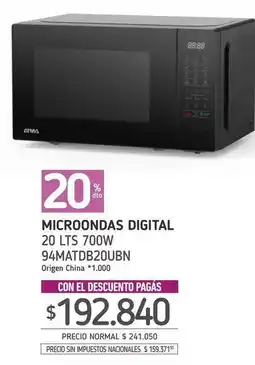 La Anonima Atma - microondas digital 20 lts 700w 94matdb20ubn oferta