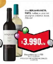 Cooperativa Obrera Benjamin Nieto vino tinto, malbec o cabernet sauvignon o blanco dulce oferta