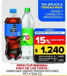 Carrefour Maxi Pepsi/7up/mirinda/paso de los toros gaseosas varias presentaciones oferta