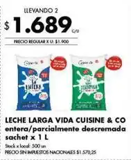 Disco Leche larga vida cuisine & co entera/parcialmente descremada sachet x 1 l oferta