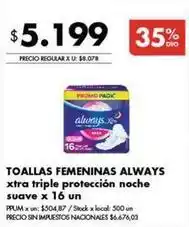 Disco Always - toallas femeninas xtra triple proteccion noche suave oferta
