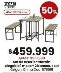 Origen - set de exterior marron plegable 1 mesa + 2 bancos, x set