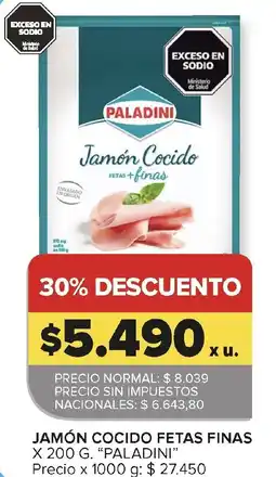 Carrefour Paladini jamón cocido fetas finas oferta