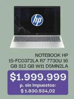 Jumbo Hp - notebook 15-fc0372la r7 7730u 16 gb 512 gb w11 d5mn2la oferta