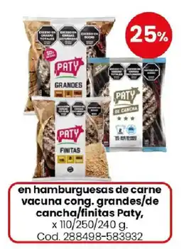 Coto Paty en hamburguesas de carne vacuna cong. grandes/de cancha/finitas oferta