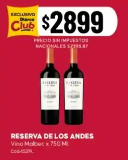 Diarco Reserva de los andes vino malbec oferta