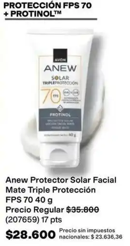 Avon - anew protector solar facial mate triple protección fps 70 40 g (207659)