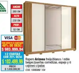Rio Shop Deco Arizona ropero freijo/blanco/roble beigec puertas corredizas espejo y 6 cajones c/patas oferta