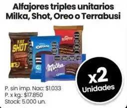 Changomas Alfajores triples unitarios Milka, Shot, Oreo o Terrabusi oferta