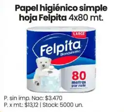 Changomas Felpita papel higiénico simple hoja oferta