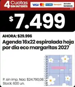 Changomas Agenda 16x22 espiralada hoja por dia eco margaritas 2027 oferta