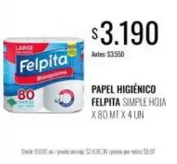 Supermercados Tadicor Felpita - papel higiénico simple hoja x 80 mt x 4 un oferta
