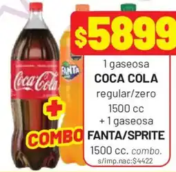 Almacor Coca cola 1 gaseosa regular/zero 1500 cc + 1 gaseosa fanta/sprite 1500 cc. combo. oferta