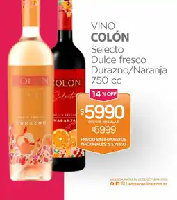 Alvear Vino colón selecto dulce fresco durazno/naranja oferta
