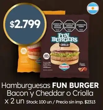 Fun burger hamburguesas bacon y cheddar o criolla