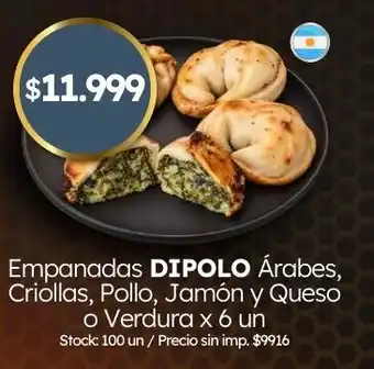 Dipolo empanadas árabes, criollas, pollo, jamón y queso o verdura