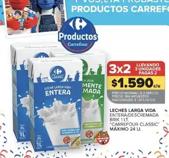 Carrefour classic leches larga vida entera/descremada brik 1 lt