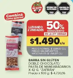 Carrefour Zafrán barra sin gluten doble chocolate/pasta de maní/arándanos oferta