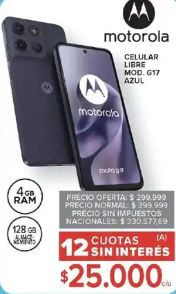 Carrefour motorola celular libre mod. g17 azul oferta