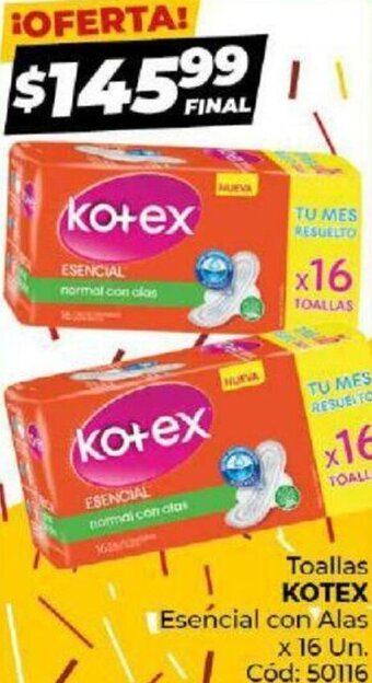 Diarco Toallas Kotex Esencial Con Alas x 16 Un. oferta