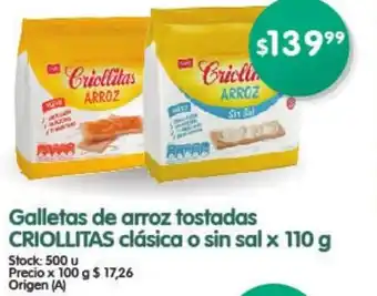 Supermercados Buenos Días Criollitas Galletas de arroz tostadas clásica o sin sal x 110g oferta