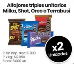 Changomas Alfajores triples unitarios Milka, Shot, Oreo o Terrabusi oferta